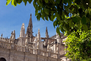 exterior architecture of Cathedral church in Seville, Spain - 744583586