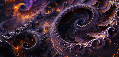 Cosmic gears dance in an intricate pattern, turning in midnight violet and molten copper.