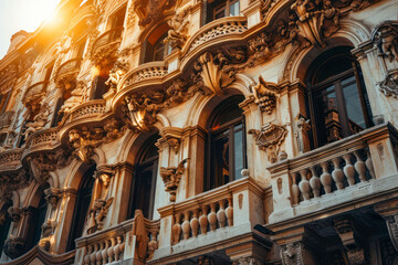 Fototapeta na wymiar Magnificent Renaissance palace facade with decorative balconies, arched windows, and sculpted reliefs.