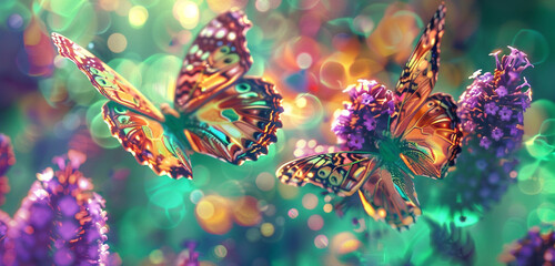 Digital butterflies flutter in an intricate pattern, set against emerald green and lavender.