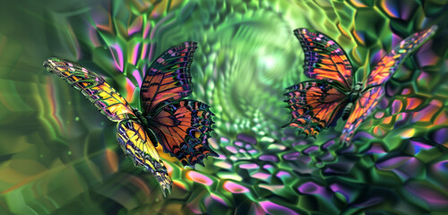 Digital butterflies flutter in an intricate pattern, set against emerald green and lavender.