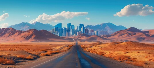 Fototapeta na wymiar Road to the desert city. Generative AI technology. 