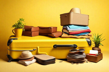 A yellow background features a packed suitcase containing personal belongings