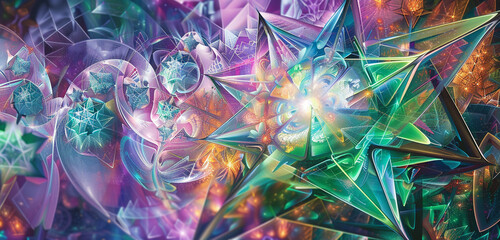 A kaleidoscopic dance evolves in an intricate pattern, with geometric shapes morphing against a backdrop of ethereal lavender and emerald.