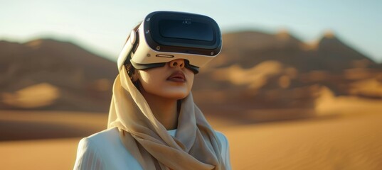 Arabic woman using virtual reality headset with bokeh desert background. Fictional character. Modern technology device. Generative AI technology.