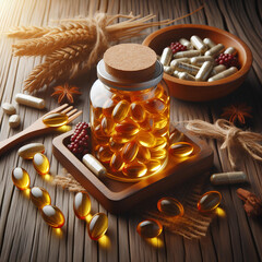 Fish oil capsules with omega 3 and vitamin D in a glass bottle on wooden texture - obrazy, fototapety, plakaty