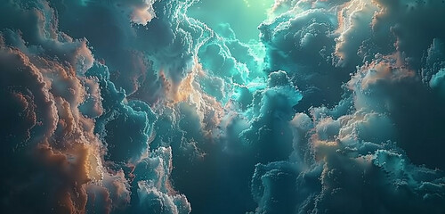 Nebulous clouds float in an intricate pattern, forming a seascape of iridescent teal and deep coral.