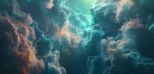 Foto op Canvas Nebulous clouds float in an intricate pattern, forming a seascape of iridescent teal and deep coral. © muhammad