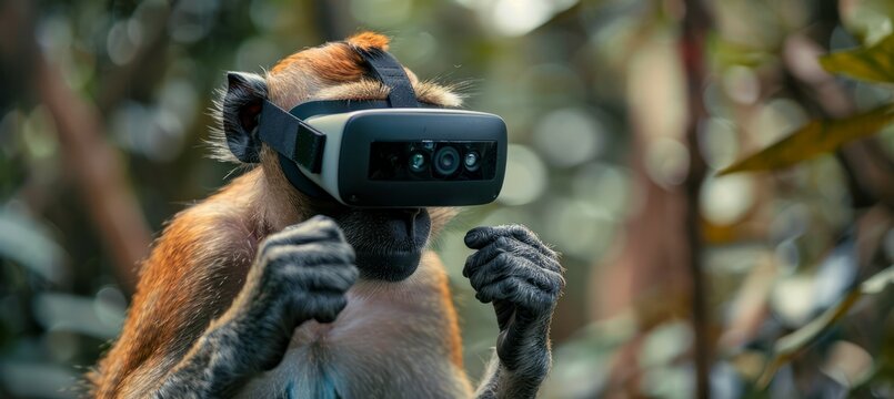 Young monkey using virtual reality headset. Generative AI technology.