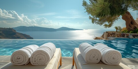 Majestic ocean view at a luxurious resort, perfect for a romantic honeymoon. - obrazy, fototapety, plakaty