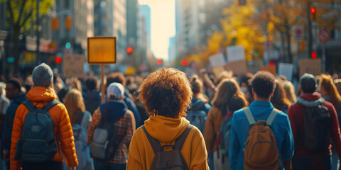 Urban street scene with a crowd in a city walkout, depicting a demonstration for equality and social change. - obrazy, fototapety, plakaty