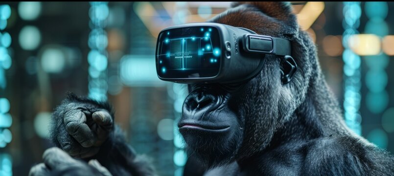 Strong gorilla using virtual reality headset. Generative AI technology.