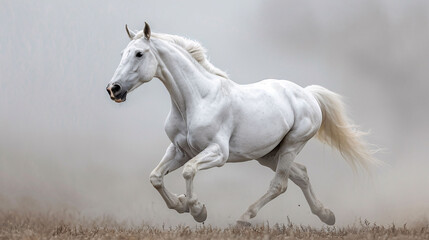 Obraz na płótnie Canvas White Andalusian horse runs gallop in summer time