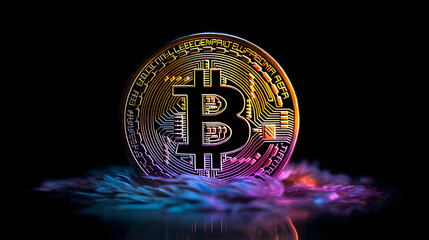  a bitcoin coin on a black background with colorful colors surrounding it