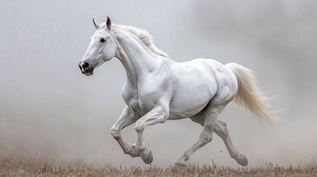 White Andalusian horse runs gallop in summer time