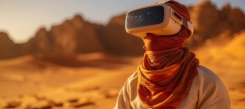 Dune desert man using virtual reality headset. Fictional character. Modern technology device. Generative AI technology.