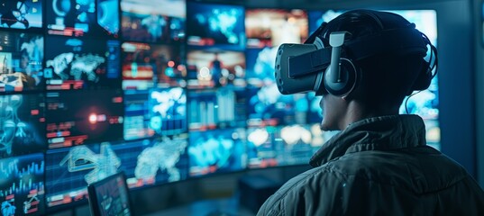 A security man virtual reality headset for monitoring screen display. Generative AI technology.