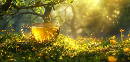 A transparent cup holding a radiant yellow drink, set amidst a lush green landscape, under the midday sun.