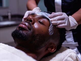 fullbody black esthetician giving a facial to handsome black man beauty spa, Generative AI