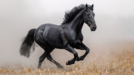 Galloping shiny black Andalusian stallion isolated on white background.	
