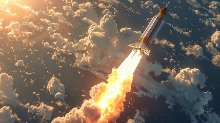 Space Shuttle Launching Into The Sky Amidst Clouds At Sunset. Symbolizing Innovation, Exploration. International Day of Human Space Flight. AI Generated - obrazy, fototapety, plakaty