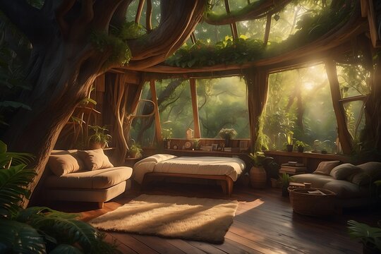 Wooden Bedroom in Tropical Jungle with Sunlight.
