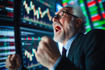 Passionate Stock Trader Reacting to Market Fluctuations - obrazy, fototapety, plakaty