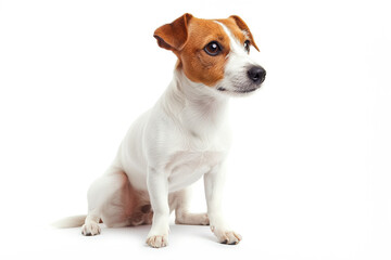 A Jack Russell Terrier sitting attentively on a white background with its head turned to the side