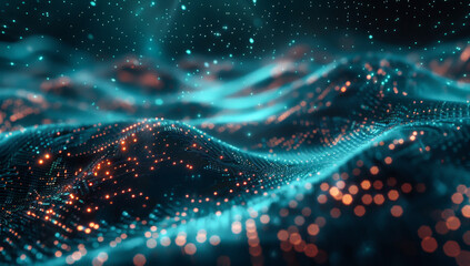 fondo de redes de internet representando el metaverso y el ciberespacio, con efecto ondulado bokeh azul, naranja y verde - obrazy, fototapety, plakaty