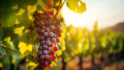 A bunch of ripe grapes. Large branch of fresh grapes. Vineyard and harvest. Red grapes closeup.