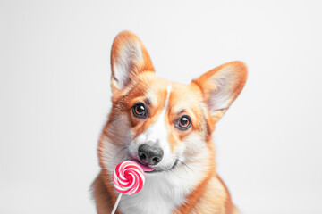 Pembroke Welsh Corgi holding a pink and white swirled lollipop against a soft gray background. Puppy with a Sweet Treat