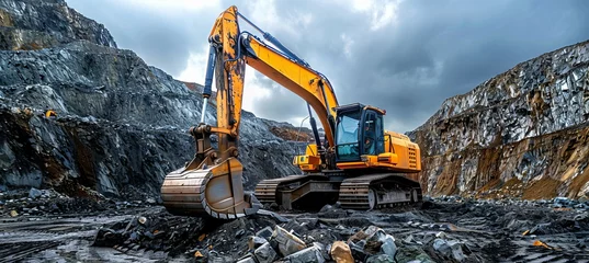 Fotobehang Excavator machine at mine. Mining industry heavy vehicle concept. Generative AI technology. © Hero Design