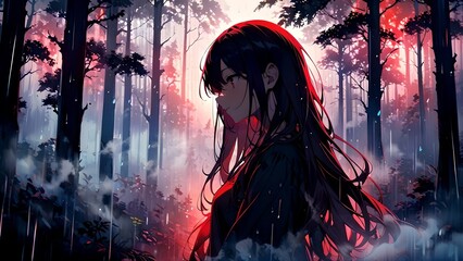 Anime girl against a forest background, red glow, anime illustration