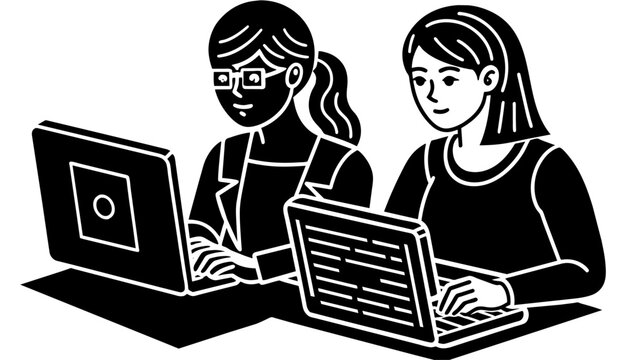 two women coding, showcasing their skills in programming languages like Python, JavaScript, and Java.
