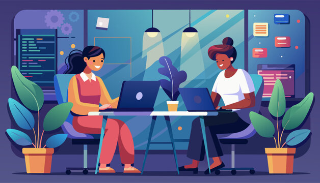 two women coding, showcasing their skills in programming languages like Python, JavaScript, and Java.