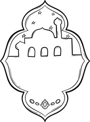 arabesque frame with mosque silhouette and geometric patterns outline