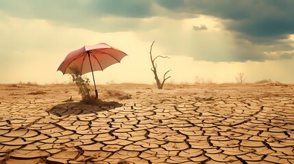 Dry cracked earth with a red umbrella, Global warming and climate change concept, Generative AI illustrations.
