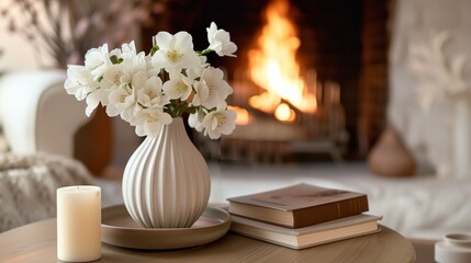 Serene home setting with white flowers in a vase and a lit fireplace, perfect for cozy interior themes