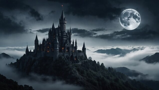 Dark fantasy castle atop a misty mountain with swirling clouds and a full moon. Ideal for fantasy book covers. 