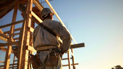 Construction Worker Overlooking Site, Building Industry - A construction worker observing a site, highlighting construction work.