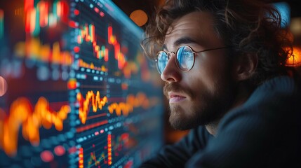 A person checking stock prices on a computer screen with a look of concern. AI generate illustration - obrazy, fototapety, plakaty