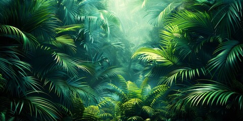 A vibrant jungle oasis with a lush reef of colorful plants, resembling a breathtaking painting in an outdoor aquarium filled with tropical vegetation, towering palms, and serene water