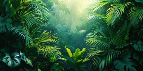 A lush jungle scene with a variety of vibrant green leaves from different types of plants, including ferns, palms, and trees, creating a beautiful and natural outdoor setting