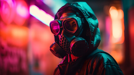 Naklejka premium person in gas mask on neon background with neon lights