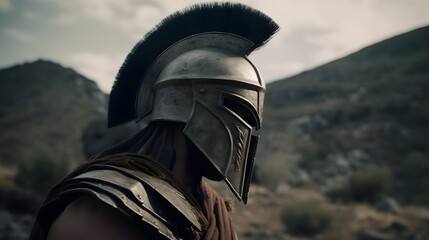  the ancient sparta with helmet and shield standing
