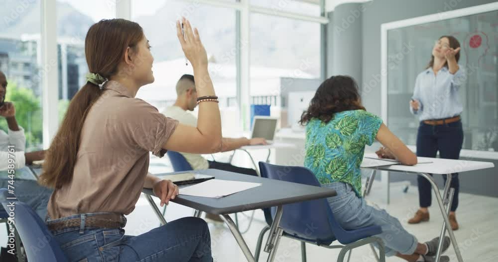 Fototapete teacher, student and question in classroom for answer, interaction or communication at school. woman