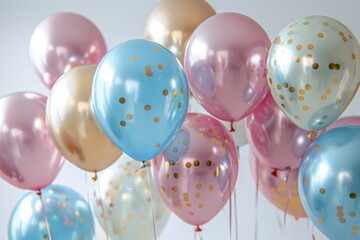 Assorted birthday balloons, including foil and latex, floating on a transparent background, party ready