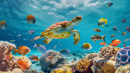  Underwater Scene with Sea Turtle and Tropical Fish. A vibrant underwater landscape showcasing a sea turtle swimming among colorful coral reefs and diverse tropical fish in clear blue water.