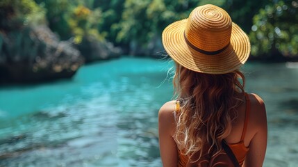 Woman in Straw Hat Overlooking Coastal Waters