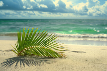 Fototapeta na wymiar Palm leaf on sandy beach, perfect for tropical vacation concept